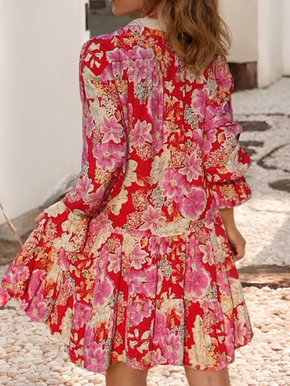 Floral Print High Waist V Neck Babydoll Mini Dress