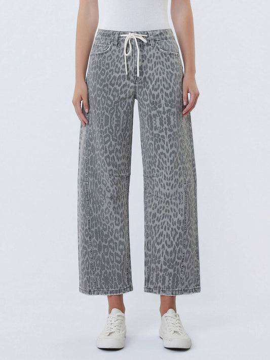 Stacy High-Rise Drawstring Grey Leopard Barrel Jeans