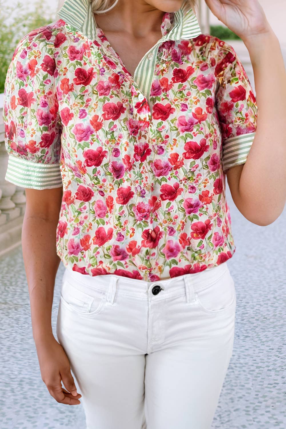 Floral Print Striped Patchwork Collared Top