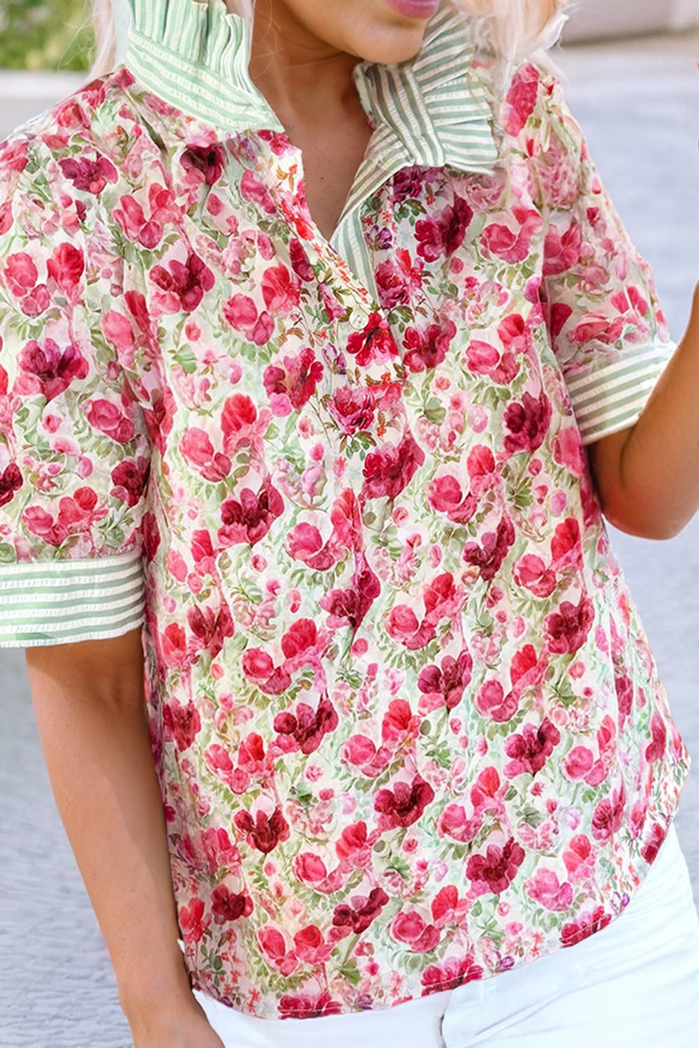 Floral Print Striped Patchwork Collared Top
