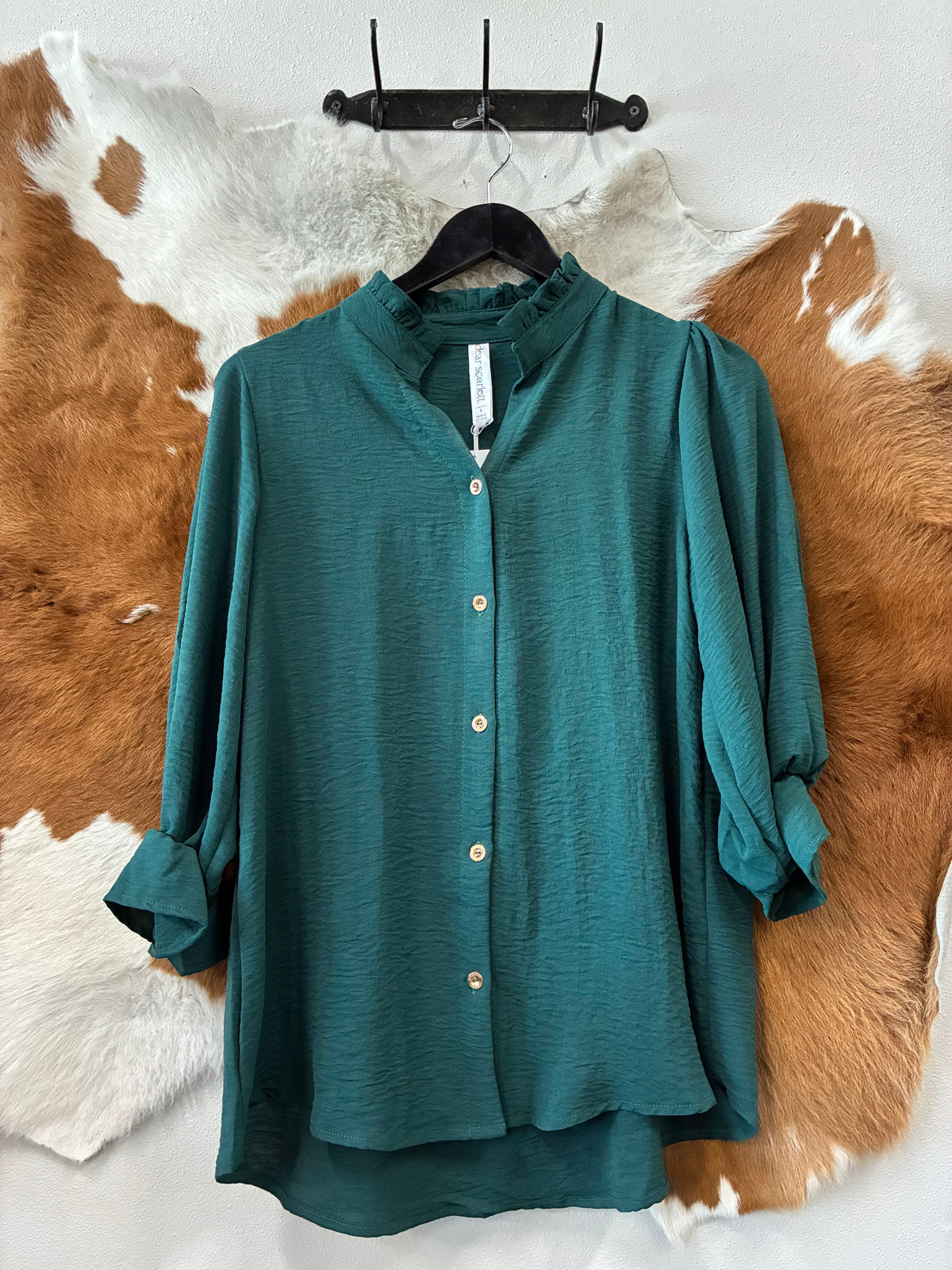 Ruffle 3/4 Sleeve Button Down Front Blouse