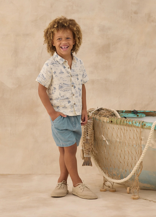 Collared Short Sleeve Shirt Ocean Toile