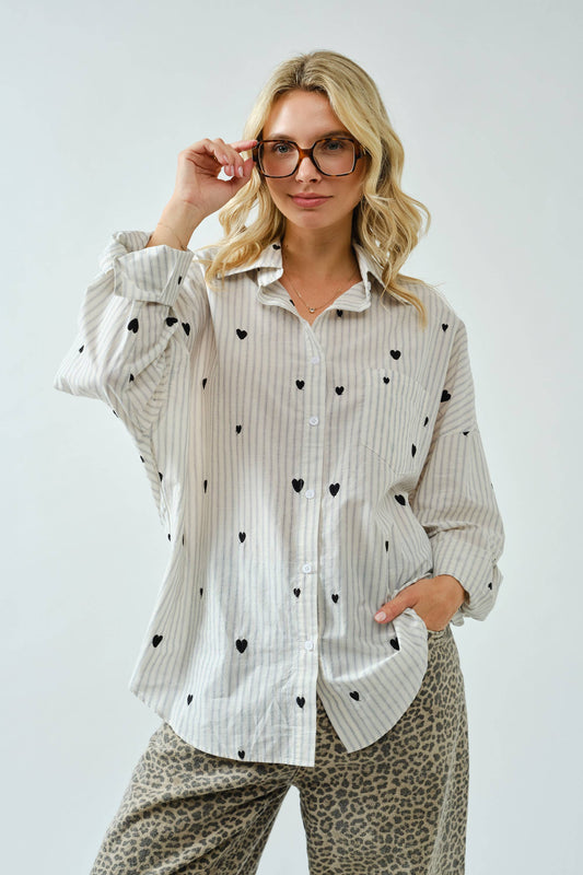 Heart Embroidery Oversized Shirt