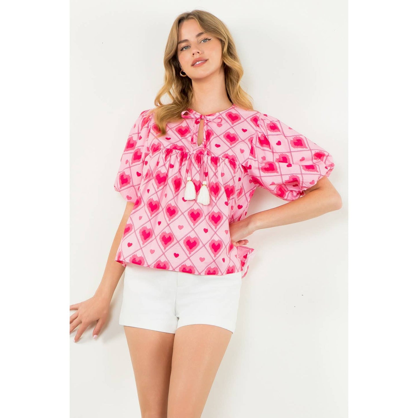 Puff Sleeve Heart Print Top