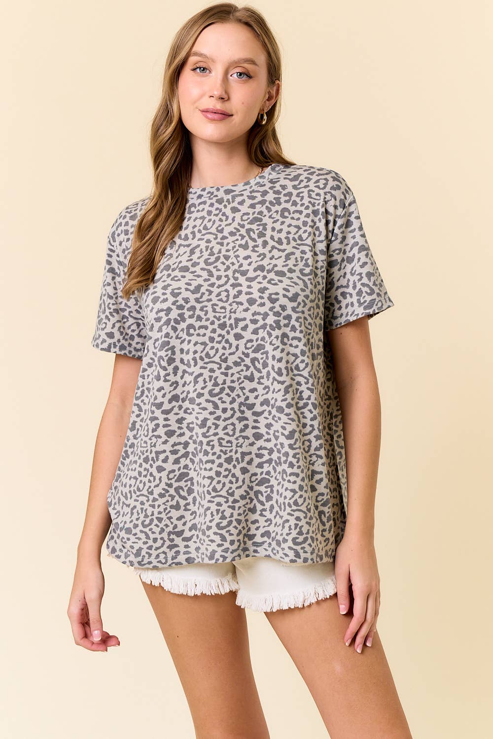 Leopard Printed Crew Neck Short Sleeve Tee