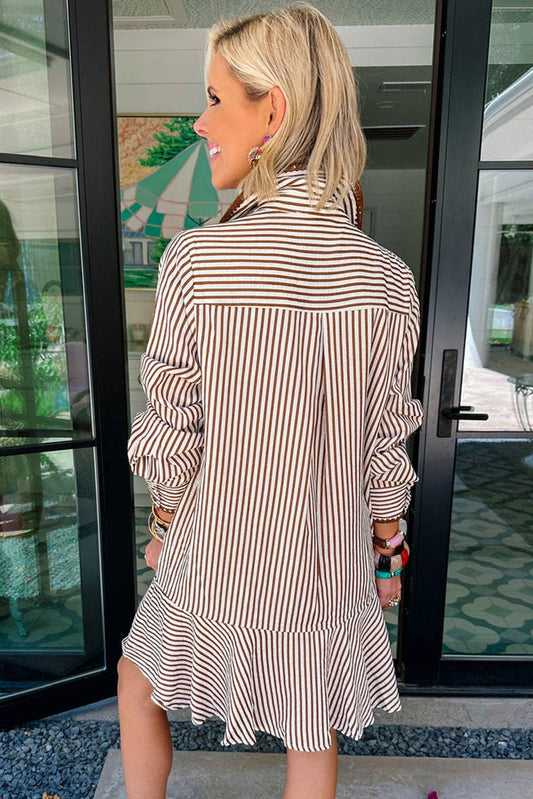 Khaki Stripe Shirt Collar Embroidered Trim Ruffle Hem Long Sleeve Mini Dress
