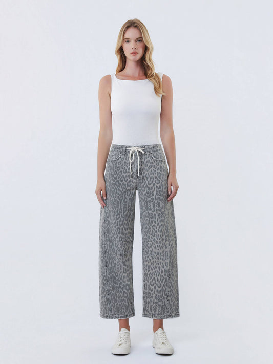 Stacy High-Rise Drawstring Grey Leopard Barrel Jeans