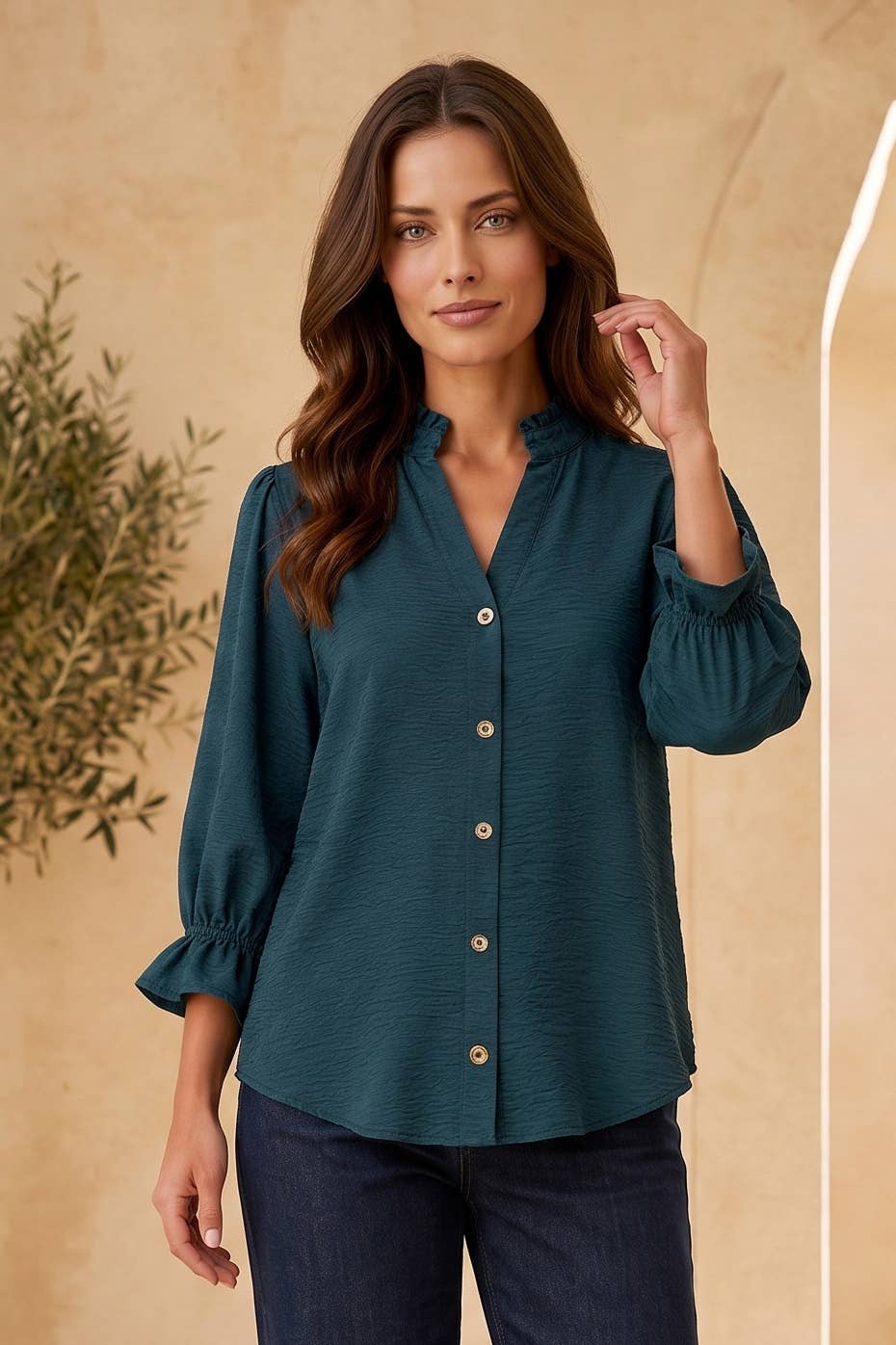 Ruffle 3/4 Sleeve Button Down Front Blouse