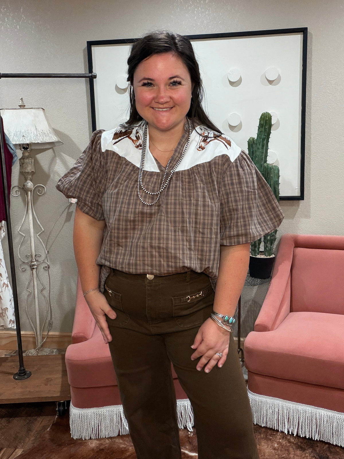 Western Yoke Collared Top with Embroidered Horses