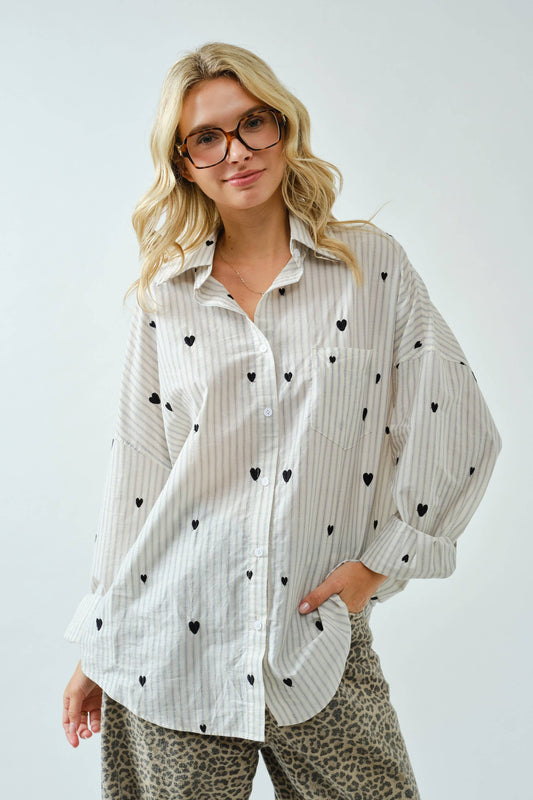 Heart Embroidery Oversized Shirt