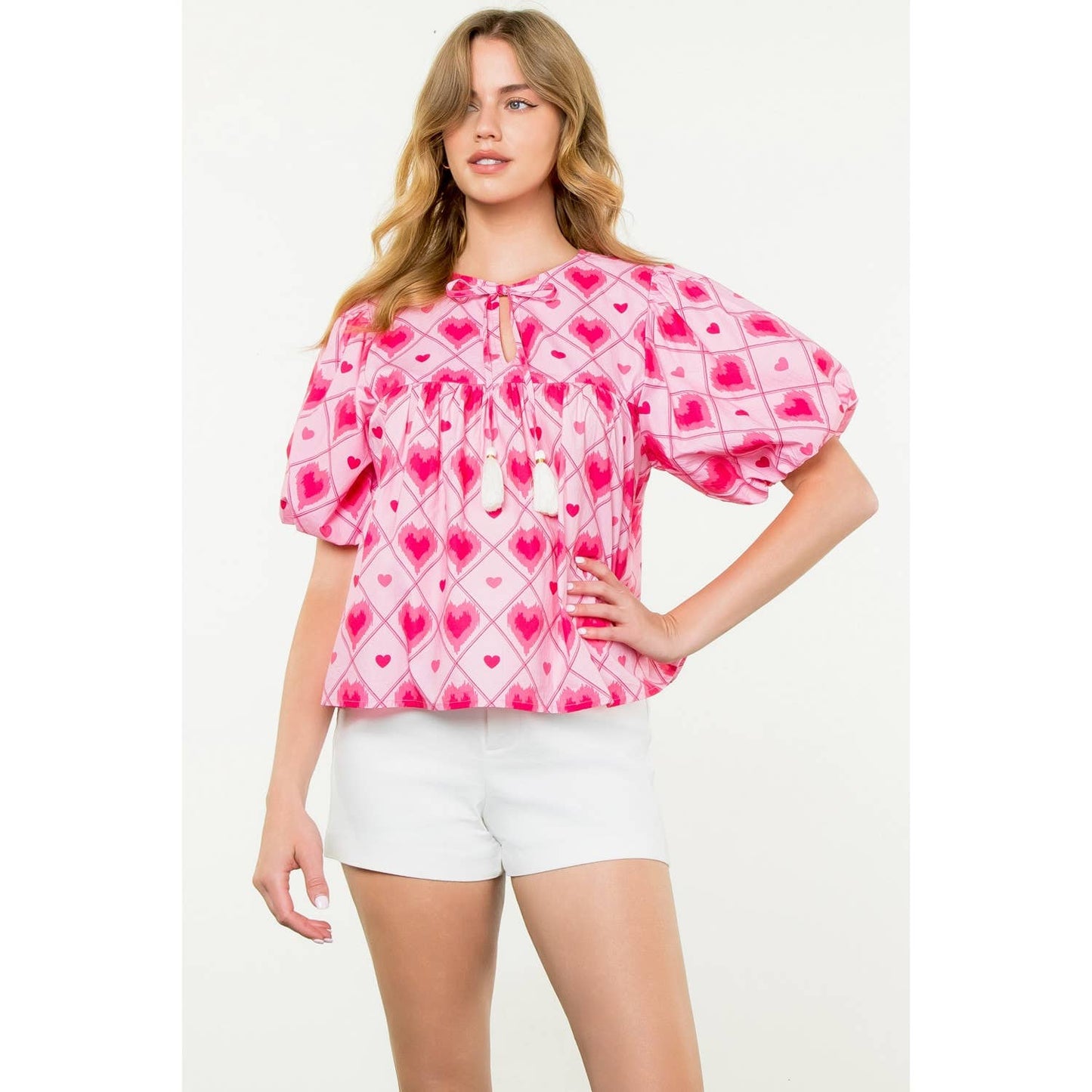 Puff Sleeve Heart Print Top