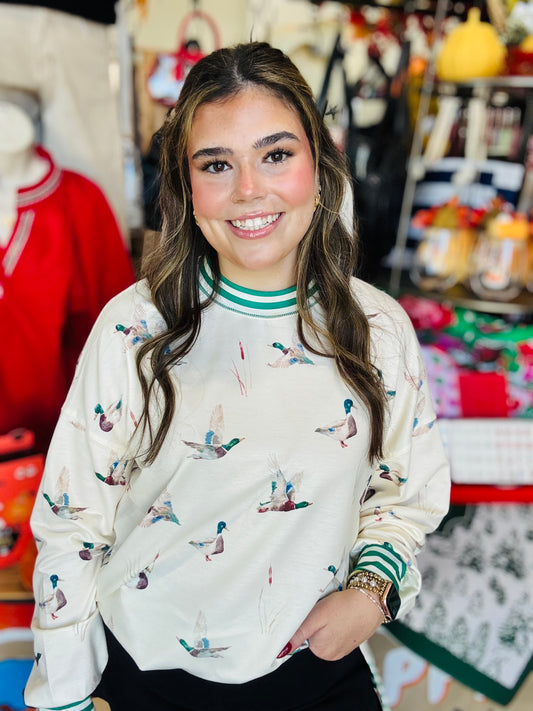 Beige Duck Print Striped Sweatshirt