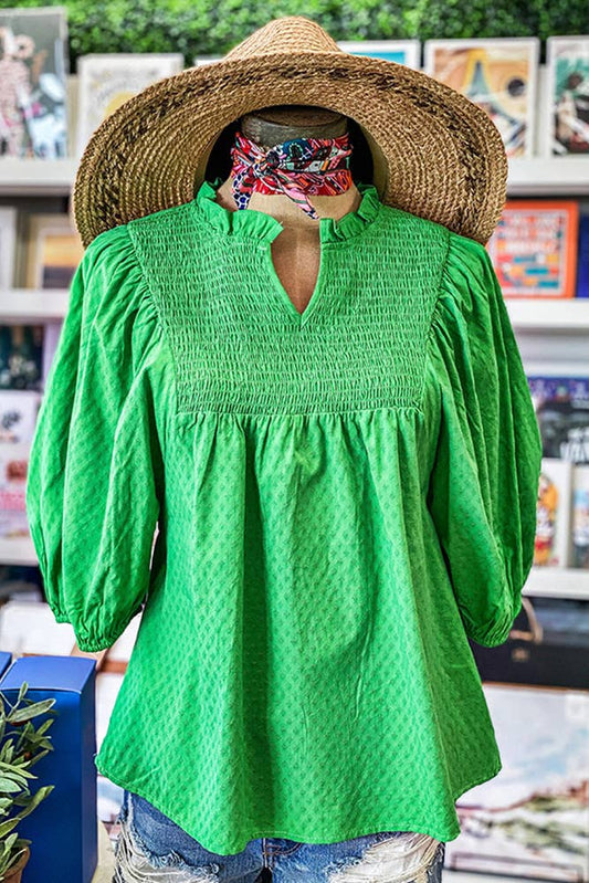 Textured V Neck Smocked Puffy Sleeves Top