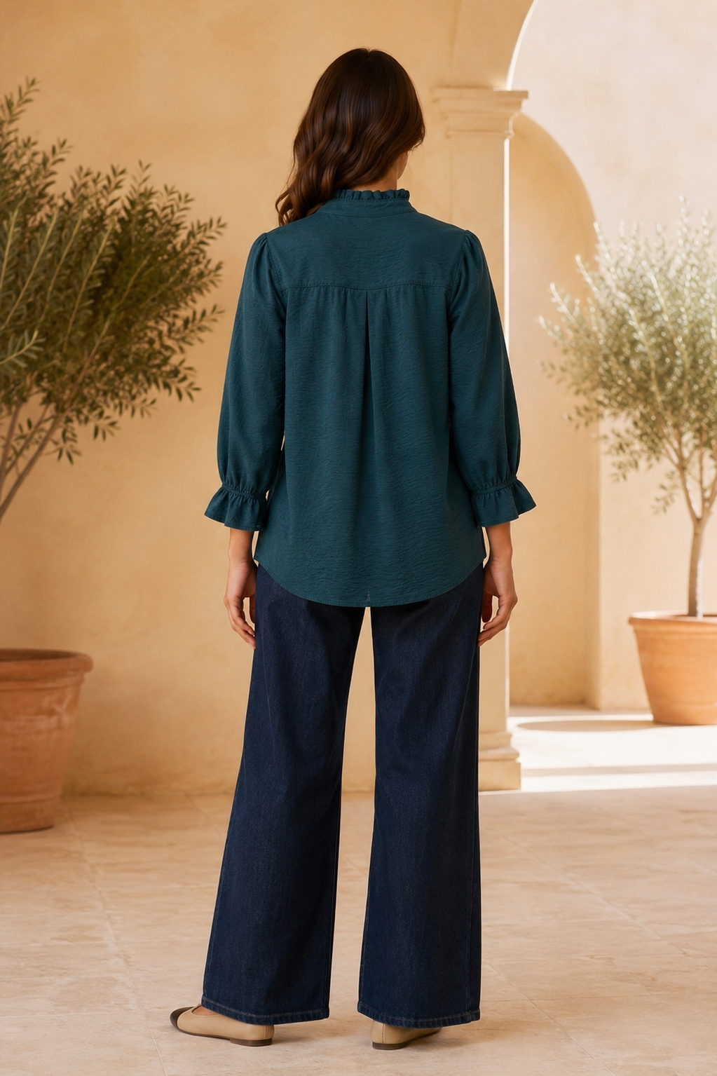Ruffle 3/4 Sleeve Button Down Front Blouse
