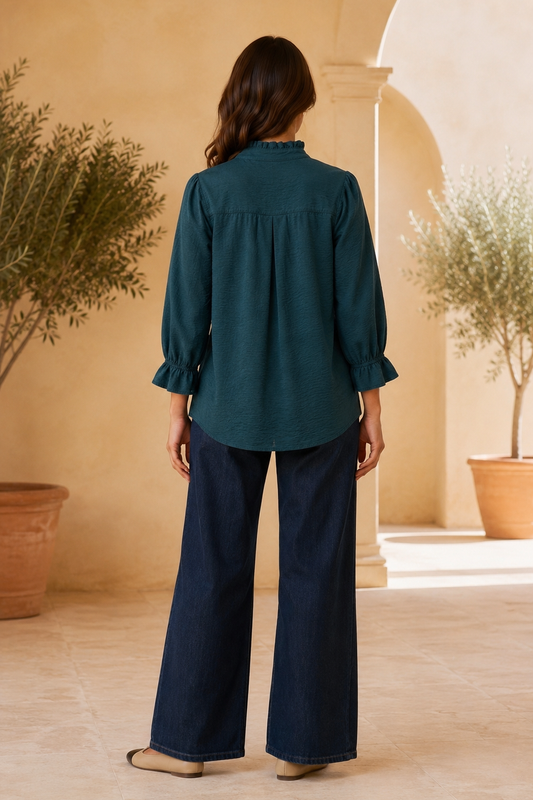Ruffle 3/4 Sleeve Button Down Front Blouse