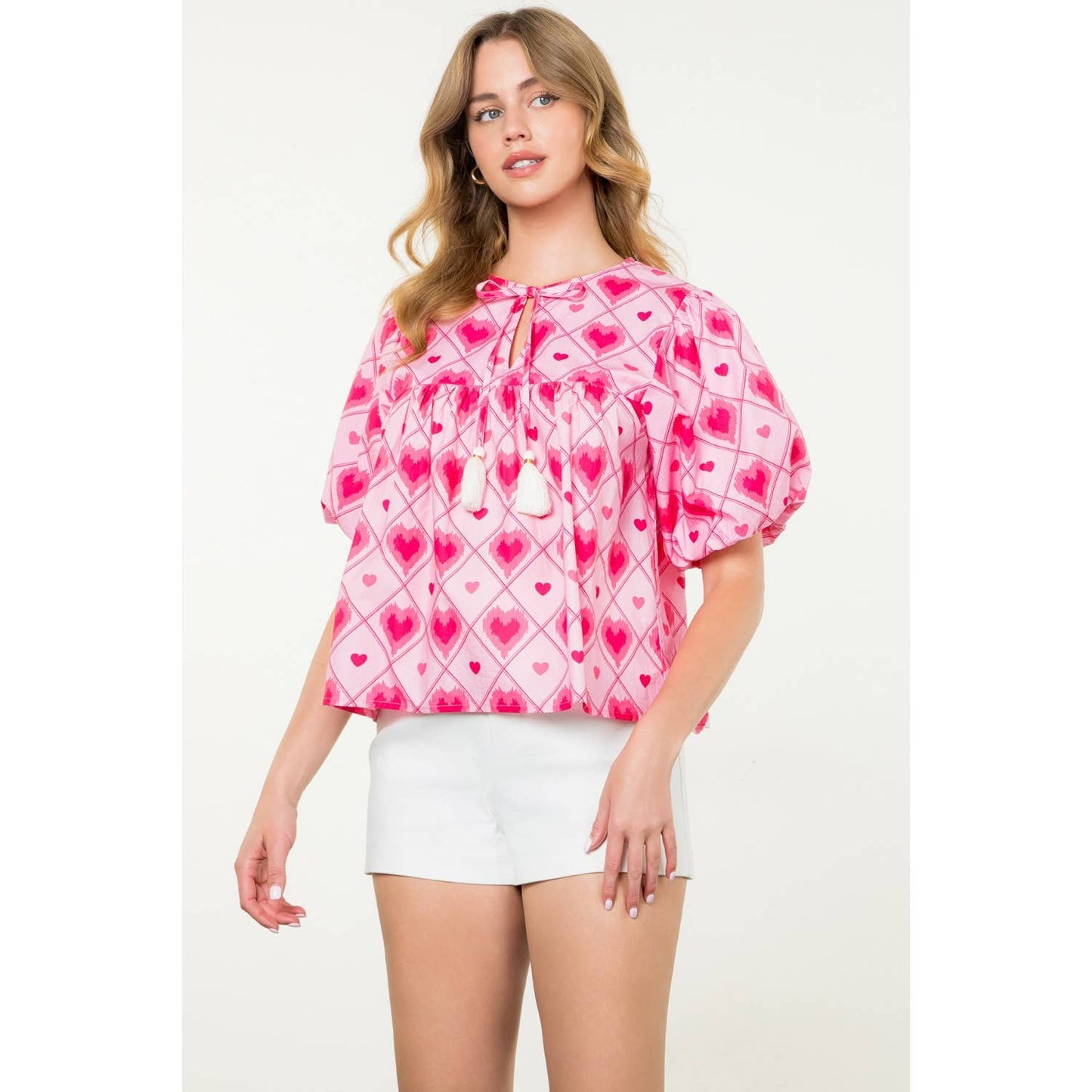 Puff Sleeve Heart Print Top