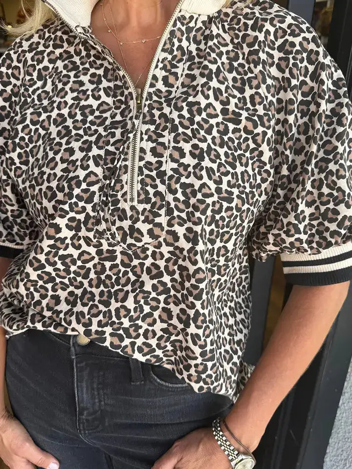 Leopard Knit Top Trendy Quarter Zip Puff Sleeve