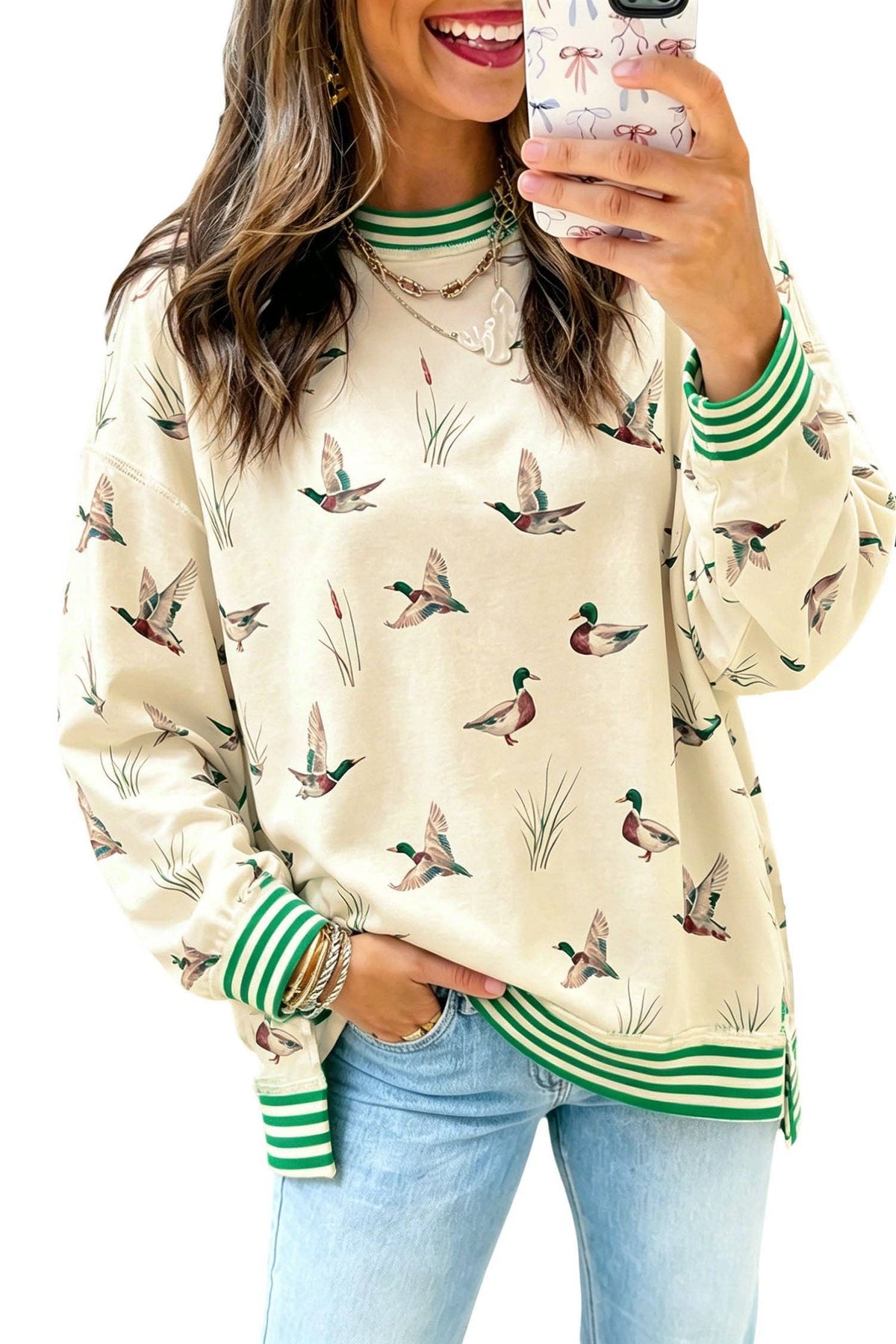 Beige Duck Print Striped Sweatshirt